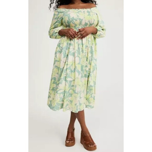 Torrid Challis Puff Sleeve Tea Length Dress Size 3X Midi Floral Green Boho NEW